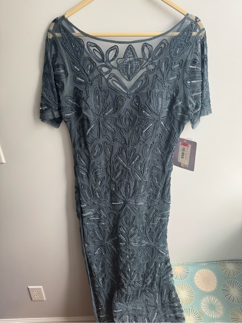 NWT Embellished Sheer Overlay Dress in Slate Gray Teal